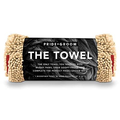 PRIDE AND GROOM The Towel – Thick, Soft, Super Absorbent Microfiber Towel for Dogs & Pets that is Quick Drying, Holds 7 Times its Weight in Water and Has Dual Pockets for Your Hands