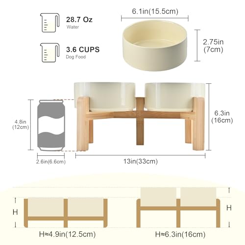 SPUNKYJUNKY Elevated Dog Bowls Ceramic, 6.1'' Dogs and Cat Food Water Bowls Raised with Non-Slip Bamboo Stand for Medium Sized Breed Microwave Dishwasher Safe - 28.7 OZ,Beige - color: Beige, size: 6.1 in - 3.6 cups