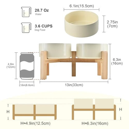 SPUNKYJUNKY Elevated Dog Bowls Ceramic, 6.1'' Dogs and Cat Food Water Bowls Raised with Non-Slip Bamboo Stand for Medium Sized Breed Microwave Dishwasher Safe - 28.7 OZ,Beige - color: Beige, size: 6.1 in - 3.6 cups
