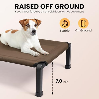 Heeyoo Elevated Dog Bed, Cooling Raised Pet Cot with Chew Proof Mesh Fabric and Steel Frame, Portable Dog Cot Bed with No-Slip Rubber Feet, 26 in - color: Brown, size: 26"L x 17"W x 7"H