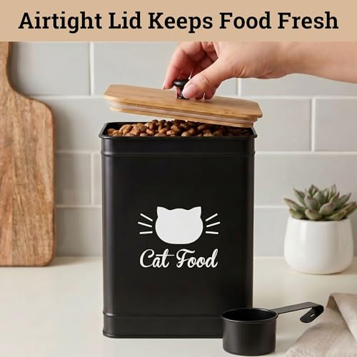 Cat Food Storage Container with Scoop - 5-7 lb (25 Cup) Capacity Metal Cat Food Container with Airtight Bamboo Lid and Metal Scoop - Airtight Pet Food Storage Containers 5 lb - 7 lb Kibble Container - color: Black