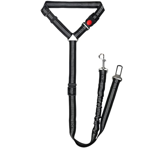Heavy Duty Dog Seat Belt for Cars, 2-in-1 Chew Proof Pet Car Harness Tether with Headrest & Buckle, Elastic Bungee Pet Seat Belt for Truck Travel Accessories, Fits for Small Medium Large, Black