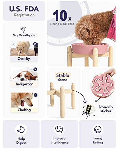 LE TAUCI Ceramic Slow Feeder Dog Bowls Elevated, 3 Cup Raised Bowl with Wooden Stand for Medium Large Breed, Slow Down Eating, Puzzle Dog Food Bowl, Pink Bloom - color: Pink Bloom+Stand, size: L-3 Cups