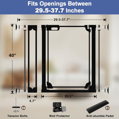 40" Clear Tall Baby Gate with Door, 29.5"-37.7" in Wide Pet Gates for Large Dogs Cats, Walk Thru Extra High Doggie Gates Doorways Stairs Indoor, Pressure Mounted Safety Gates, Black - size: 29.5"-37.8"