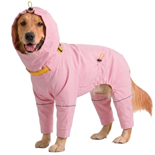 Kouser Waterproof Full-Body Coverage Dog Raincoat, Pink 3XL | Dog Raincoat with Reflective Stripes, Adjustable Dog Rain Jacket with Leash D-Ring, Hooded Poncho for Small Medium Large Dogs - color: Pink, size: XXX-Large(Back Length:25.98")