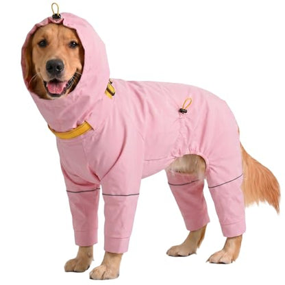 Kouser Waterproof Full-Body Coverage Dog Raincoat, Pink 3XL | Dog Raincoat with Reflective Stripes, Adjustable Dog Rain Jacket with Leash D-Ring, Hooded Poncho for Small Medium Large Dogs - color: Pink, size: XXX-Large(Back Length:25.98")