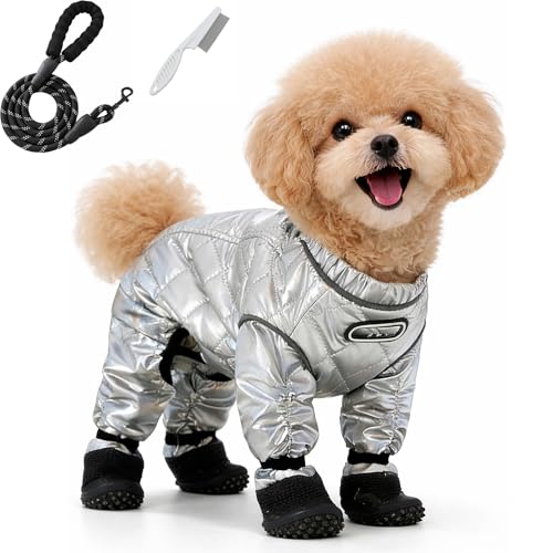 Dog Snowsuit with Attached Boots, Waterproof Insulated Quilted Full Body Suit, Reflective Outdoor Walking Snow Outfit for Small Medium Dogs Cold Weather (Silver, XXL) - size: XXL