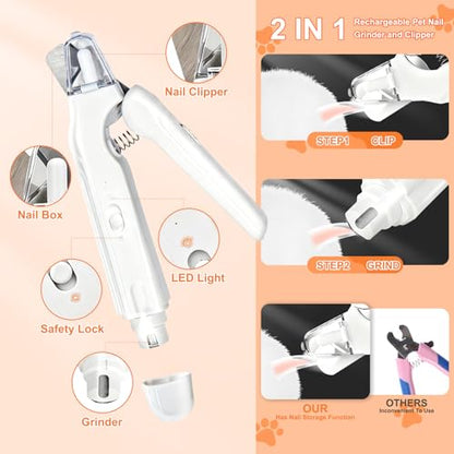 2-in-1 Dog Nail Grinder & Cat Nail Clippers Trimmers for Large Medium Small Dogs Cats Claw Trimmer Quick Sensor with 2 LED Lights Safety Guard USB Rechargeable Dogs Nail Trimmer (White) - color: White