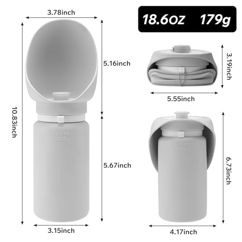 Dog Water Bottle 550ml with Collapsible Bowl Set, Leakproof Portable Pet Water Bottle, Silicone Travel Bottle for Walking, Hiking, Camping, Light Grey