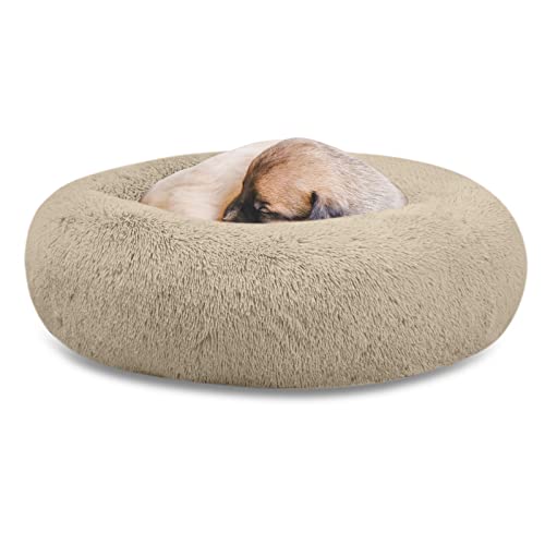 SAVFOX 20 inches Calming Donut Dog Bed - 3X Durable Plush Faux Fur, Machine Washable & Non-Slip, Fits up to 15 lbs, Beige - color: Beige, size: X-Small | 20"x20"