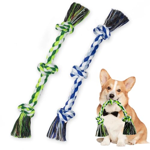 WDZZHOT [2 Pack] Dog Rope Toys, Dog Chew Toy for Medium and Small Dogs, 3 Knots Heavy Duty Puppy Rope Toy, 100% Cotton Tug of War Dog Toys for Boredom, Teeth Cleaning - color: blue+green