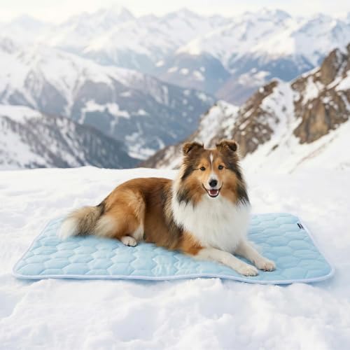 Sytopia 35" x 24" Dog Cooling Mat for Large Dogs, Q-Max>0.5 All Season Thin Breathable Crate Pad Indoor for Pet, Portable Washable & Non-Toxic Kennel Mat for Summer Active Dog, Light Blue - size: Large