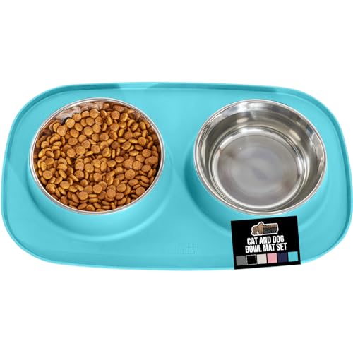 GORILLA GRIP Dog Bowl Set with Slip Resistant Silicone Feeding Mat, Food Grade 304 Stainless Steel Bowls, BPA Free, High Edge Spill Containment, Dishwasher Safe, Finger Notch Removal, 2 Cup, Turquoise - color: Turquoise, size: 2 Cup Bowls