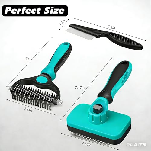 Professional 3PCS Self Cleaning Slicker Brush & Pet Grooming Rake & Flea Comb for Dogs,Cats and Horses | Double-Sided Dematting Comb & Skin Friendly Deshedding Grooming Tool (Cyan) - color: Cyan