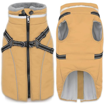 Fragralley Dog Coat with Harness Built in, Waterproof Windproof Reflective Warm Puffer Jacket, Fleece Lined Vest Winter Parka for Small, Medium, Large Dogs - color: Khaki, size: X-Small