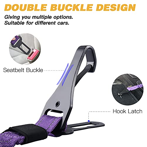 AUBELL Dog Seat Belt for Car,2 Pack Set 3-in-1 Adjustable Reflective Bungee Heavy Duty Dog Car Harness Tether with Clip Hook Latch & Buckle,Swivel Zinc Alloy Carabiner,Black+Purple - color: Set Black+Purple