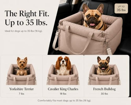 Dog Booster Car Seat for Small Dogs, Stable Non-Slip Design Up to 35 lbs, Water-Resistant PU Travel Carrier with Headrest Straps, Built-in Tether & Storage — Gray