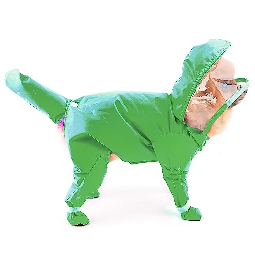 PAIDEFUL Small Dog Full Body Coverage Raincoat Solid Four-Leg Onesie Rain Jacket Waterproof Hoodie Puppy Clothes Button Lightweight Cats Costume, Green, L - color: green, size: L: Chest: 17.7", Back: 14.6"