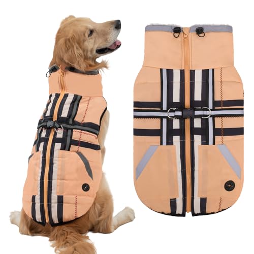 Mihachi Dog Snow Jacket Waterproof Dog Coat with Harness Built in,Thick Fleece Lined & Pockets,Turtleneck Warm Winter Jacket for Large Dogs Reflective Fleece Vest with Zipper,Snowsuit Outfit,Beige XL - color: Beige, size: X-Large