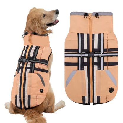 Mihachi Dog Snow Jacket Waterproof Dog Coat with Harness Built in,Thick Fleece Lined & Pockets,Turtleneck Warm Winter Jacket for Large Dogs Reflective Fleece Vest with Zipper,Snowsuit Outfit,Beige XL - color: Beige, size: X-Large