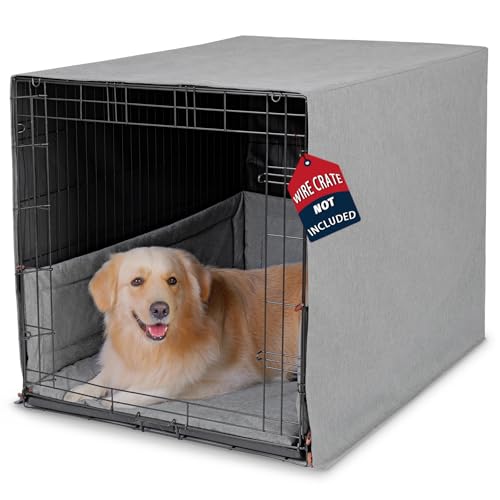 Calming Dog Crate Cover 3-Piece Set with Mat & Bumper - Heavy Duty Oxford Fabric, Waterproof Back & Chew Resistant, Wooden Buttons, Furniture Style Cover for 48 Inch Cages, Machine Washable, Gray - size: 48-Inch