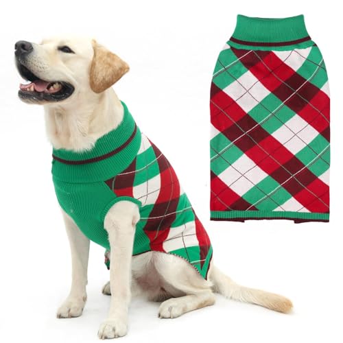 KOOLTAIL Dog Christmas Sweater Pet Knitted Clothes - Classic Plaid Pull Over Turtleneck Dog Sweaters with Leash Hole Warm Dogs Winter Clothing for Small Medium Dogs Cats Puppy (Green & Red M) - color: Christmas, size: Medium