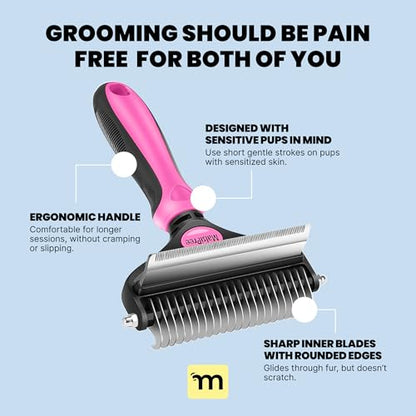 MalsiPree Dog Brush - Pink, 2-in-1 Undercoat & Dematting Rake | 2-in-1 undercoat rake & dematting brush - deshedding tool - Use for medium to large double-coated dogs & cats - color: Pink