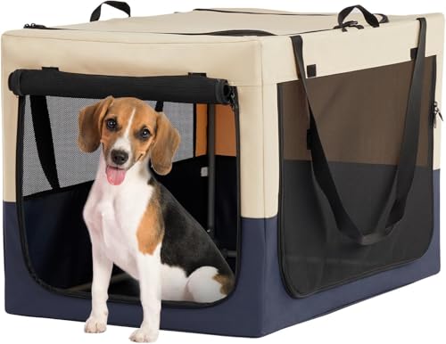 30" Collapsible Dog Crate for Medium Dogs - Portable Soft Travel Kennel with Lockable Zippers, Waterproof Base, Washable Cover, Patented Screw Frame for Adjustable Tension, Outdoor, Indoor, Car Use - color: Blue+Beige, size: 30.0"L x 20.0"W x 19.0"H