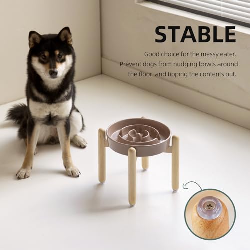 Havniva 8.2” Raised Slow Feeder Dog Bowls, 1.6 Cups Ceramic Dog Bowl Slow Feeding for Medium Breed, Elevated Puzzle Dog Food Bowl with Wooden Stand Non-Slip Anti-Gulping & Anti-Choking - color: 1 x Brown Coffee+Stand-A, size: 8.2inch