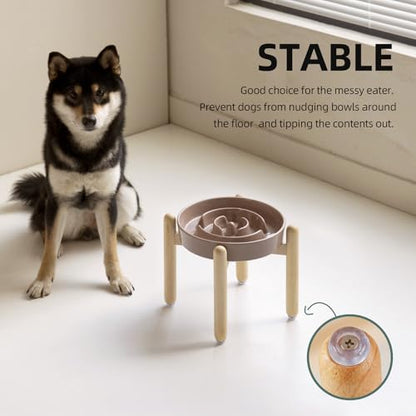 Havniva 8.2” Raised Slow Feeder Dog Bowls, 1.6 Cups Ceramic Dog Bowl Slow Feeding for Medium Breed, Elevated Puzzle Dog Food Bowl with Wooden Stand Non-Slip Anti-Gulping & Anti-Choking - color: 1 x Brown Coffee+Stand-A, size: 8.2inch