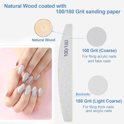 Nail Files (100 Pack), 100/180 Grit Wooden Emery Board Nail File Double Sided Wood Emory Fingernail Files for Natural Nails Professional Reusable Manicure Pedicure Curved