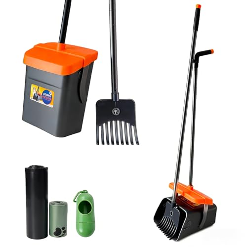 46" Pooper Scooper Swivel Bin & Rake for Large Small Dogs with Bag Attachment, Long Handle Poop Scooper with Lid for Yard (Orange) - color: Orange