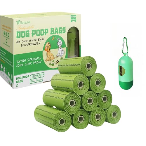 Dog Poop Bags-150 Counts with Leash Dispenser (10 Rolls), Biodegradable Poop Bags, Eco-friendly and Easy to Open, Thick Dog Waste Bags (Green) - color: Green, size: 1 Count (Pack of 150)