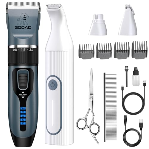 Dog Clippers Grooming Kit Hair Clipper -4 in 1Low Noise -Rechargeable-Cordless Quiet Paw Trimmer Nail Grinder, Trimmer Grooming for Thick Hair&Coats,Pet Shaver for Small and Large Dogs Cats - color: Blue & White