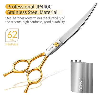 Curved Dog Grooming Scissors Professional 7" Grooming Shears for Dogs Pet Right Handed Groomer Japan 440C Stainless Steel (7 in Curved, Gold) - size: 7 inch, style: Curved
