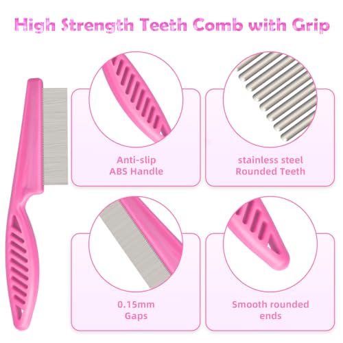 Flea Comb for Cats Dogs, 6 Pack Pet Lice Comb Set Pet Grooming Pets for Small, Medium & Large Pets（Pink） - color: Pink