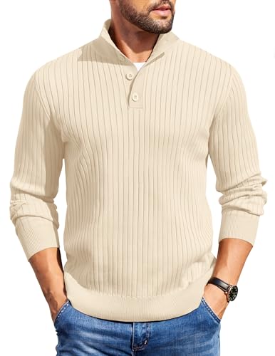 COOFANDY Mens Quarter Button Sweater Long Sleeve Stand Collar Sweaters Casual Knitted Ribbed Dress Pullover - color: Beige, size: Large