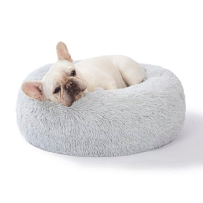 SAVFOX 23 inches Calming Donut Dog Bed - 3X Durable Plush Faux Fur, Machine Washable & Non-Slip, Fits up to 25 lbs, Light Grey - color: Light Grey, size: Small | 23"x23"
