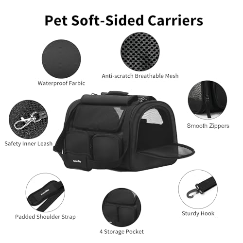 FUKUMARU Cat Carrier, 4 Mesh Windows Small Dog Carrier, 4 Storage Pockets Cat Travel Bag, Under 15 lb Airline Approved Pet Carrier, Rollable Cover for Nervous Cats, Black - color: Black