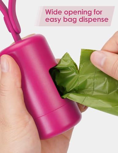Gobeigo Dog Poop Bag Holder【Convenient Hook for Used Bags】【Silicone Strap Fits Any Leash】【Large Opening for Easy Dispensing】with 1 Roll Waste Bags (Hot Pink) - color: Hot Pink