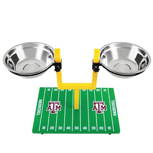 NCAA Texas A&M Aggies Goalpost Football Field Dog Feeder – Adjustable Elevated Dog Bowls with Stand, 2 Stainless Steel Bowls, Non-Slip Rubber Feet, Raised Pet Feeder for Large & Small Dogs