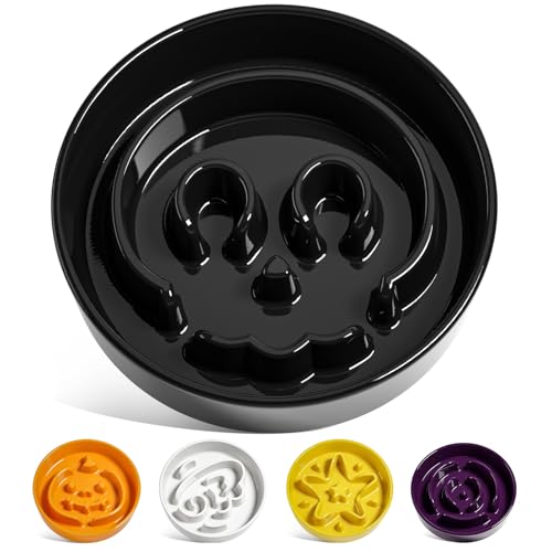 LE TAUCI Ceramic Slow Feeder Dog Bowls Small Breed, 0.6 Cups Dog Food Dish for Fast Eaters, Puzzle Bowl for Small Dogs and Cats,Skull Black - color: Skull Black, size: S-0.6 Cups