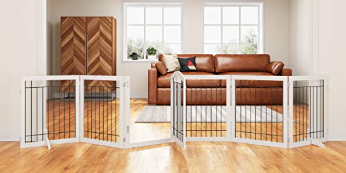 PAWLAND 144-inch Extra Wide 30-inches Tall Dog gate with Door Walk Through, Freestanding Wire Pet Gate for The House, Doorway, Stairs, Pet Puppy Safety Fence, Support Feet Included, White,6 Panels - color: White, size: 【6 Panels with Door】144"W x 32"H