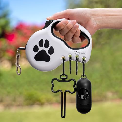 Award-Winning Retractable Dog Leash for Small and Medium Dogs (Max 55 lbs), Clip & Go System with Reflective Tape and Ergonomic Handle, Includes Clips, Poop Bag Holder and Dispenser, White - color: White, size: S/M - Up to 55 Lbs