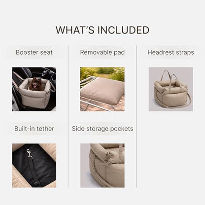 Dog Booster Car Seat for Small Dogs, Stable Non-Slip Design Up to 35 lbs, Water-Resistant PU Travel Carrier with Headrest Straps, Built-in Tether & Storage — Gray