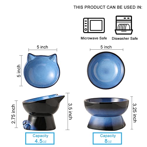 Nihow Elevated Cat Bowls,5 Inch Ceramic Raised Cat Food and Water Bowl Set | Slanted,Whisker Friendly,for Protecting Pet's Spine,Microwave & Dishwasher Safe ,Elegant Blue & Black 4.5 OZ, Set of 2 - color: Blue & Black, size: 4.5 OZ+8 OZ