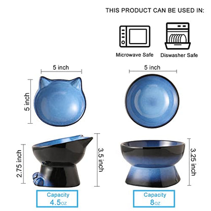 Nihow Elevated Cat Bowls,5 Inch Ceramic Raised Cat Food and Water Bowl Set | Slanted,Whisker Friendly,for Protecting Pet's Spine,Microwave & Dishwasher Safe ,Elegant Blue & Black 4.5 OZ, Set of 2 - color: Blue & Black, size: 4.5 OZ+8 OZ