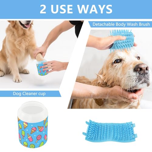 Ice Cream Blue Print Dog Paw Cleaner Cup with Soft Silicone Brush, Portable Lightweight Small Muddy Paw Washer for Dogs, Easy to Use Pet Foot Cleaner