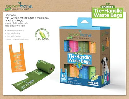 Greenbone BioBase Cat or Dog Poop Bags with Handles Tie, 18 Dispenser Rolls - 216 Bags- Large Leak Proof- Pink, Green, Orange, Blue Variety
