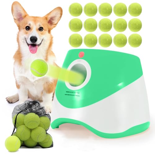 SOCO Automatic Ball Launcher for Dogs, 15 2-Inch Balls, Green | USB Rechargeable, 10/20/30 ft Throws, Indoor/Outdoor Fetch Toy, Mesh Bag, Small & Medium Dogs - color: Green-15 balls